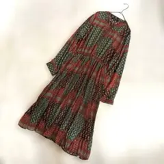 総柄プリーツロングワンピース 長袖 ウエストゴム フリーサイズ