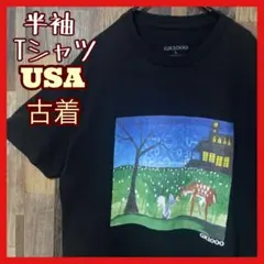 アニマル アート ブラック プリント メンズ L USA古着 半袖 Tシャツ