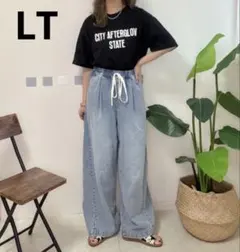 しまむら　non デニムイージーパンツ LTサイズ 淡青 ライトブルー高身長さんのサムネイル