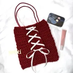 ミニバッグ　リボンバッグ　ハンドバッグ　編み物　かぎ編み　リボン　赤　レッド