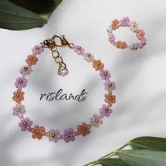 ハンドメイド　フラワー　ビーズ　ブレスレット　リング　セット