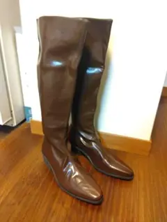 残一足　ユニセックス　ブラウンレザー ニーハイブーツ 中ヒール