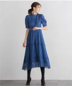総レース ハイネック ロングワンピース　ロング ネイビー