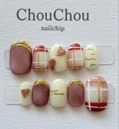 現品　ネイルチップ　マグネット　チェック　ピンク　ガーリー