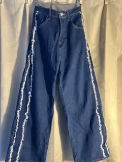 フリンジ付きダークブルーワイドレッグデニム