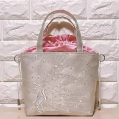 帯リメイク　銀糸　孔雀刺繍　あおりポケ　ピンク巾着トートバック　2WAY