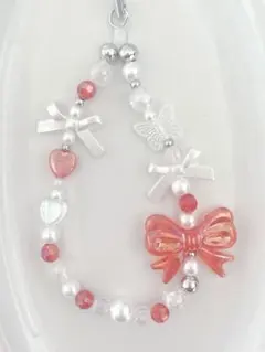 赤リボン〰︎︎ビーズストラップ 現品のみ 約15cm B842