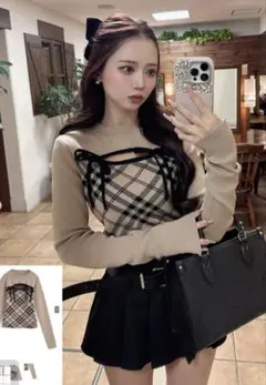 チェック柄フロントオープンリボンニットトップス [ru1374]