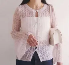 muguet sheer knit ribbon tops ピンク
