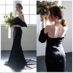 オフショルダー ボリューム袖 サテン ブラックマーメイドドレス (W225BK)