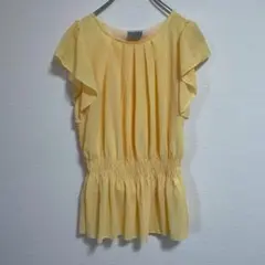 レディース　半袖シフォンブラウス　無地　ラウンドネック　イエロー