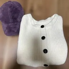 ホワイトニットカーディガン ボタン付き 帽子 モコモコ