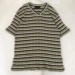 ヘルシーカレン カットソー 半袖 オリーブグリーン M ボーダー Vネック
