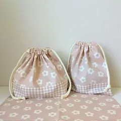 《お弁当袋、巾着袋、ランチョンマット》3点セット/花柄✳くすみピンク