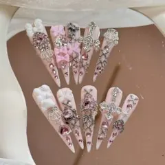 現品S地雷系量産型 姫系 ハンドメイド ネイルチップ 平成女児装飾付きピンク
