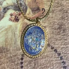 青と金の鉱石入　オーバル型　ネックレス　ヴィンテージ　Used