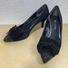 DIANA パンプス スウェード グリッター リボン 黒 24.5cm