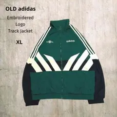 【90sadidas万国旗タグ】刺繍ロゴトラックジャケットグリーンネイビーXL