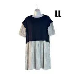 新品　レディース　黒/ストライプ 半袖ドッキングチュニック LLサイズ