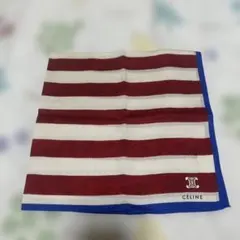 新品CÉLINEセリーヌ　大判ハンカチ　ボーダー赤白　紅白　刺繍　青スカーフ