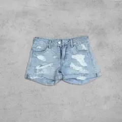 H&M ダメージデニムショートパンツ ライトブルー