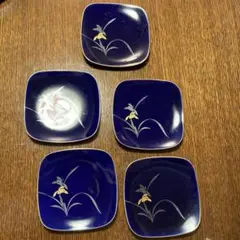 金泥紺色 花柄 四角形 食器セット 5枚