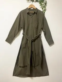 オリーブ色 長袖シャツワンピース ベルト付き