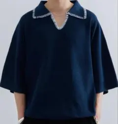 SINSS ステッチニットポロシャツ ブルー