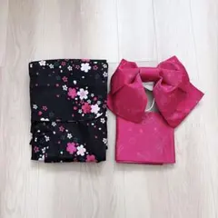 キッズ 子ども 浴衣 黒 ピンク 花柄 140 浴衣帯セット 浴衣セット
