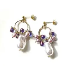 handmade 貝パールとチェコガラスのパールピアス