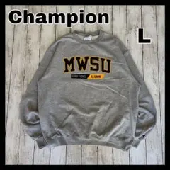 Champion カレッジスウェット　目あり　プリントロゴ　グレー　ゆるだぼ　L