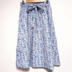 美品✨クチュールブローチ 小花柄フレアスカート ブルー 38 リボンベルト付