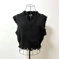 INGNIフリンジ Vネック ニットベスト 黒M