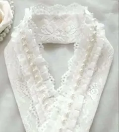 重ね襟・伊達襟・飾り襟 ꕤ ホワイトレース オーガンジーフリル パール 3way