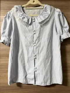 ストライプフリル襟半袖シャツ　サイズM 水色＆白