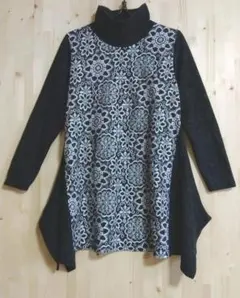 レディース　トップス　カットソー　チュニック　グレー　柄　フリーサイズ　暖かい