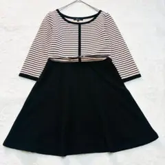 異素材ドッキングワンピース◆ベルト付き 素材切替 ラウンドネック ボーダー