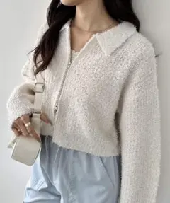 美品✨ダブルジップ　カーディガン　ニット　襟　カジュアル　ファンシーヤーン