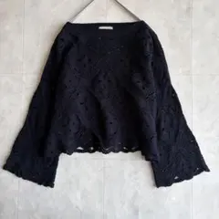 美品✨ UNITED ARROWS クロシェ刺繍ニット ネイビー F コットン