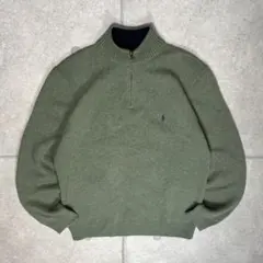 ラルフローレン　ニット　90s　ラムウール　刺繍　ポニー　ハーフジップ　リブ編み