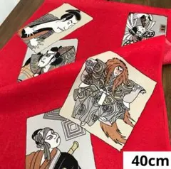 673A 難色！正絹はぎれ 朱赤系 歌舞伎絵柄 薄手より模様織柄生地 40cm