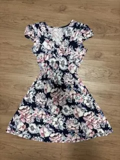 【半袖】カシュクールワンピース　花柄ネイビー半袖ワンピース