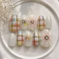 【現品】ぷっくりお花×チェックネイル 韓国ガーリー ネイルチップ