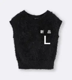 新品　Ｌ　ＧＵ　フェザーヤーンニットプルオーバー半袖　ブラック黒ジーユーファー