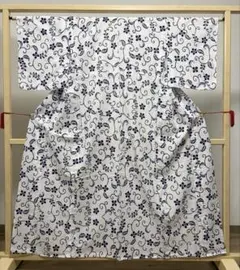 A◇着物くつろぎ 夏物 花模様 白 薄青 綿 小紋 薄物 絽 紗 着物 66