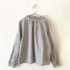 ☆【プリムトーン】ブラウス ストライプ柄 綿100％ 首元フリル 後ろボタンLL