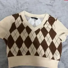 SHEIN ダイヤモンド柄 Vネック 半袖ニット