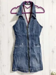 デニムワンピース ノースリーブ ミニワンピース アメリカンスリーブ タイト