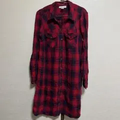 【 M 】シャツワンピース 長袖 ロング チェック 赤