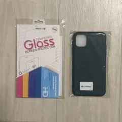 iPhone11用　ダークグリーンケース　強化ガラスセット